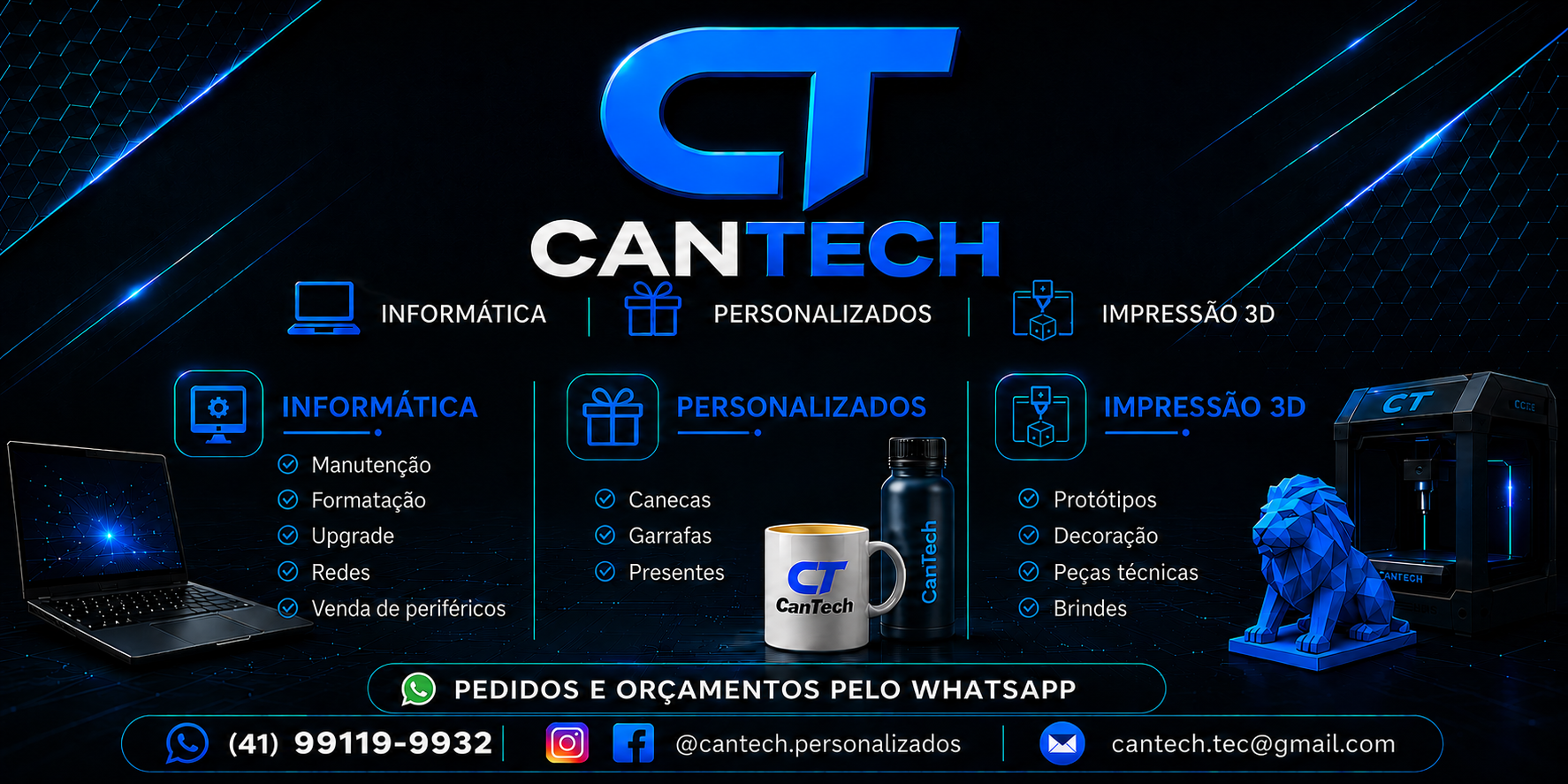 Cartão da CanTech com os serviços de informática, personalizados e impressão 3D, além dos contatos